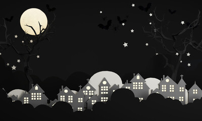 Dark Halloween background with spooky house, tree, cute ghost,  pumpkin, bat at night. Happy Halloween banner. with night sky and full moon. 3d rendering cartoon style on black background - 713011920