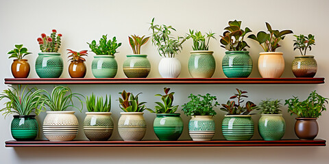 Collection of various exotic houseplants Potted plants displayed in ceramic pots with transparent background Plants featured on a white shelf against a white wall for minimalistic look - Powered by Adobe