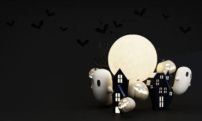 Dark Halloween background with spooky house, tree, cute ghost,  pumpkin, bat at night. Happy Halloween banner. with night sky and full moon. 3d rendering cartoon style on black background - 713012176