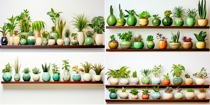 Collection of various houseplants in ceramic pots Exotic house plants displayed on a white shelf against a white wall High quality images with transparent background for easy use in design projects