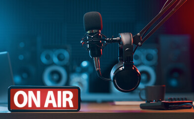 Professional radio station equipment and On Air sign
