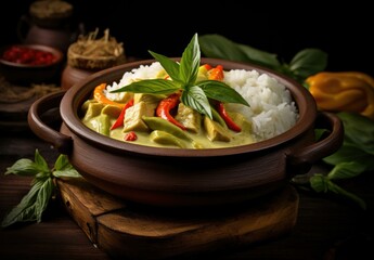 A vibrant Thai green curry with chicken and vegetables, served with jasmine rice in a ceramic bowl....