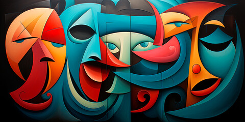 Explore the joyful and laughter filled mind of cubism Experience the vibrant and energetic art movement Discover the unique perspective and abstract nature of cubist artworks - obrazy, fototapety, plakaty