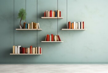 A minimalist room with three shelves holding an array of colorful books. Generative AI. - Powered by Adobe