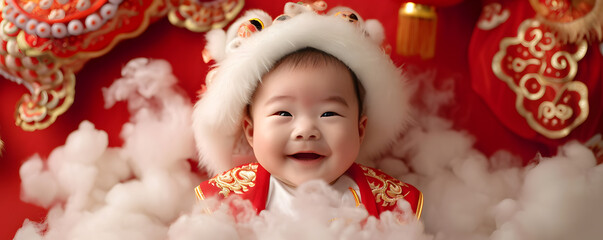 Fototapeta na wymiar Cute Asian baby in Chinese traditional dress. Happy Chinese new year concept.