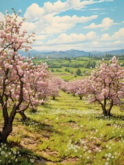 Blossoming Springtime Orchards: Fresh Blooms Field Beauty, Wall Art for a Picturesque, Enchanting Atmosphere