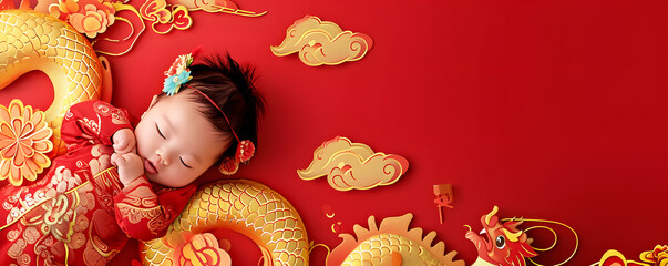 Sleeping Asian baby on bed. Chinese new year concept.