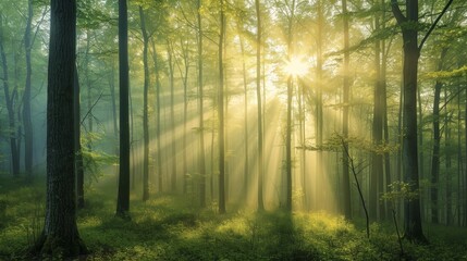 Obraz premium Beautiful nature at morning in the misty spring forest with sun