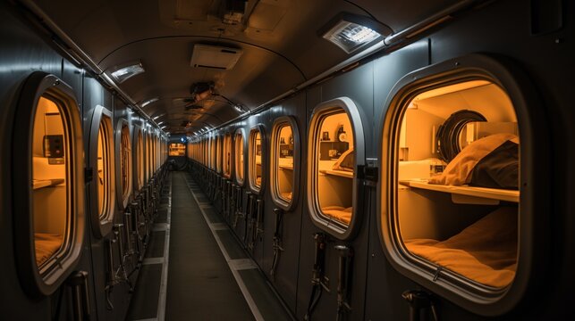 Stylish and innovative interior decor of a trendy capsule hotel with cozy sleeping pods