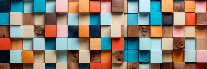Vibrant arrangement of colorful wooden blocks in wide format background - obrazy, fototapety, plakaty