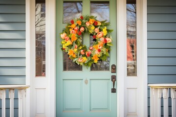 spring wreath on a cape cod porch door