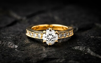 golden ring with diamonds in dark background