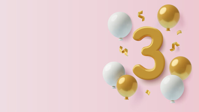 3D realistic number 3 with white and gold balloons on pink background. Three dimensional girl's birthday or third anniversary banner with copy space. Vector illustration. - Powered by Adobe