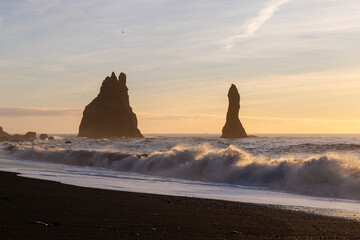Reynisfjara Black Sand Beach in Iceland at sunrise - obrazy, fototapety, plakaty