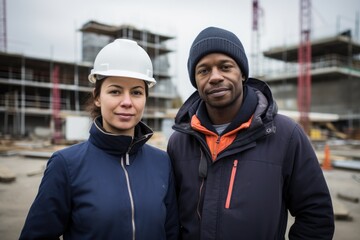 Portrait of two professional engineers or technicians standing in the background of a construction site