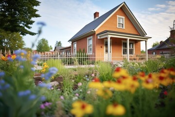 Fototapeta na wymiar brick and wood farmhouse with blooming garden