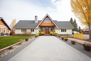 paved driveway leading to a farmhouse gable entry - obrazy, fototapety, plakaty