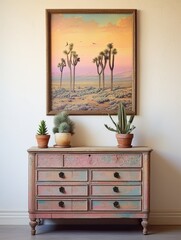 Boho Desert Sunset Imagery: Pastel Skies Vintage Painting for Wall Art