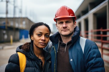Portrait of two professional engineers or technicians standing in the background of a construction site