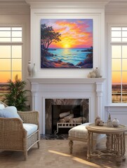 Brush-Stroke Seaview Sunsets Wall Art: Seashore Tales with Cottage Backdrop