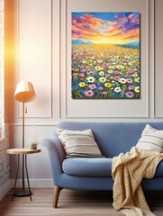 Brush-Stroke Seaview Sunsets Wall Art: Captivating Wildflower Meadow with Sun Setting