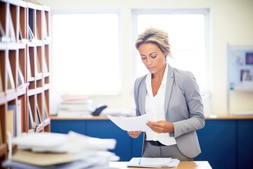 female lawyer reading case files in an office