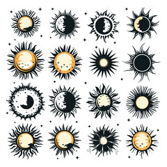 sun, vector, flower, icon, summer, design, set, illustration, symbol, art, pattern, collection, nature, sign, element, star, yellow, decoration, weather, floral, sunlight, sunbeam, circle, ornament