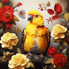 A bird with a yellow head and red feathers sits on a branch with a flower in the background, generate AI