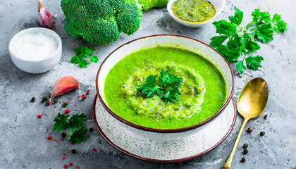 Homemade broccoli cream soup with fresh green parsley in white bowl on stone table top view. Healthy vegan dish. - obrazy, fototapety, plakaty