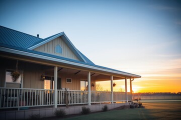 sunset behind farmhouse, silhouetted metal roof edges