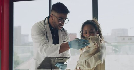 Dog, vet and woman with man in consultation for health, checkup exam and medical care. Pet animal, happy doctor and clinic appointment with professional writing on checklist for help in treatment