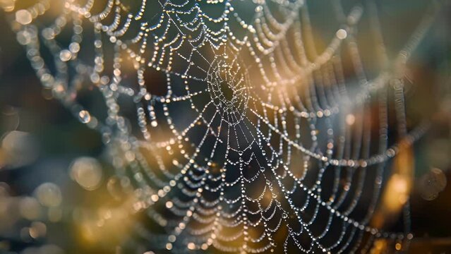 A macro shot of a dewcovered spider web, showcasing the intricate details that often go unnoticed.