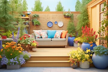 Fototapeta na wymiar backyard oasis with wooden deck and flowering plants