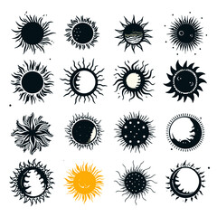 sun, vector, flower, icon, summer, design, set, illustration, symbol, art, pattern, collection, nature, sign, element, star, yellow, decoration, weather, floral, sunlight, sunbeam, circle, ornament