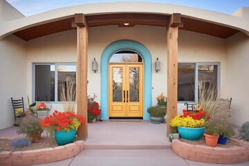 pueblo revival home, arched entryway, flowers