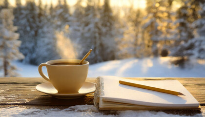 Obraz na płótnie Canvas Cup of coffee, opened notebook and pencil on wooden table against winter forest snowy background. Composition for Christmas planning.