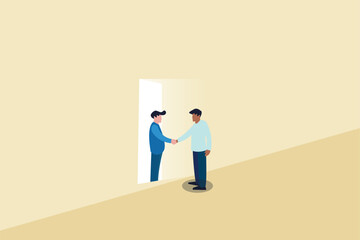 Business negotiation, deal making or acquisition, merger vector concept. Two men shaking hands. Minimal design. Eps10 illustration.eps