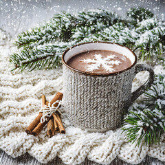 Obraz na płótnie Canvas Cup of hot cocoa or hot chocolate on knitted background with fir tree and snow effect, traditional beverage for winter time
