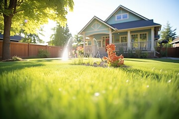sprinkler watering a lush green lawn in a front yard - obrazy, fototapety, plakaty