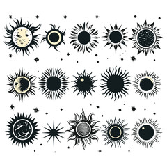 sun, vector, flower, icon, summer, design, set, illustration, symbol, art, pattern, collection, nature, sign, element, star, yellow, decoration, weather, floral, sunlight, sunbeam, circle, ornament