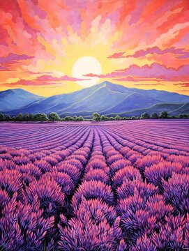 Provence Lavender Art: Vintage Painting Depicting Purple Expanse of Fields