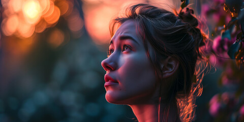 Dreamy young woman looking upwards, a fusion of twilight hues and delicate flora envelop her in a poetic ambiance - obrazy, fototapety, plakaty
