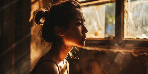 Side profile of a young woman gazing out a window, the room's ambient light casting a warm glow on her face