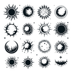 sun, vector, flower, icon, summer, design, set, illustration, symbol, art, pattern, collection, nature, sign, element, star, yellow, decoration, weather, floral, sunlight, sunbeam, circle, ornament