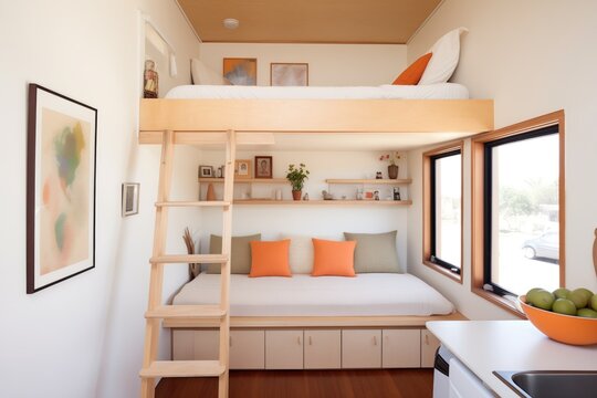 compact loft bed in a minimalist tiny home interior