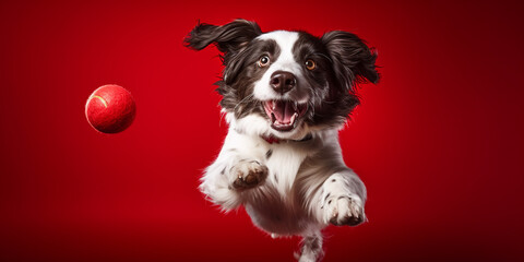 Dog catches tennis ball on red background, Small white dog jumping in the air with red ball .