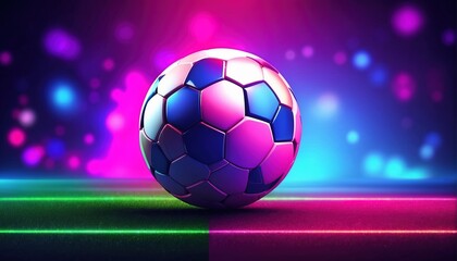 Fototapeta premium Sports banner with soccer ball on neon background