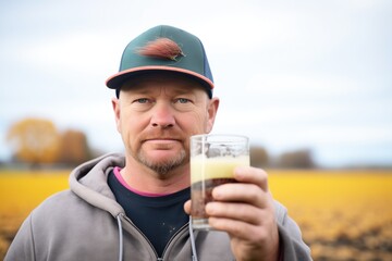man holding a glass of beet kvass with a farm field in the background - obrazy, fototapety, plakaty