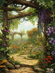 Wildflower Grape Arbour Landscape: Vintage Countrified Art with a Charming Vibe