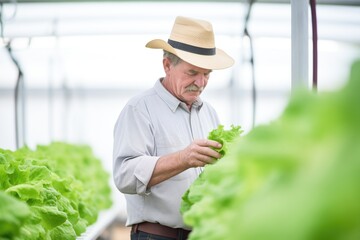 farmer using a hydroponics system for lettuce growth